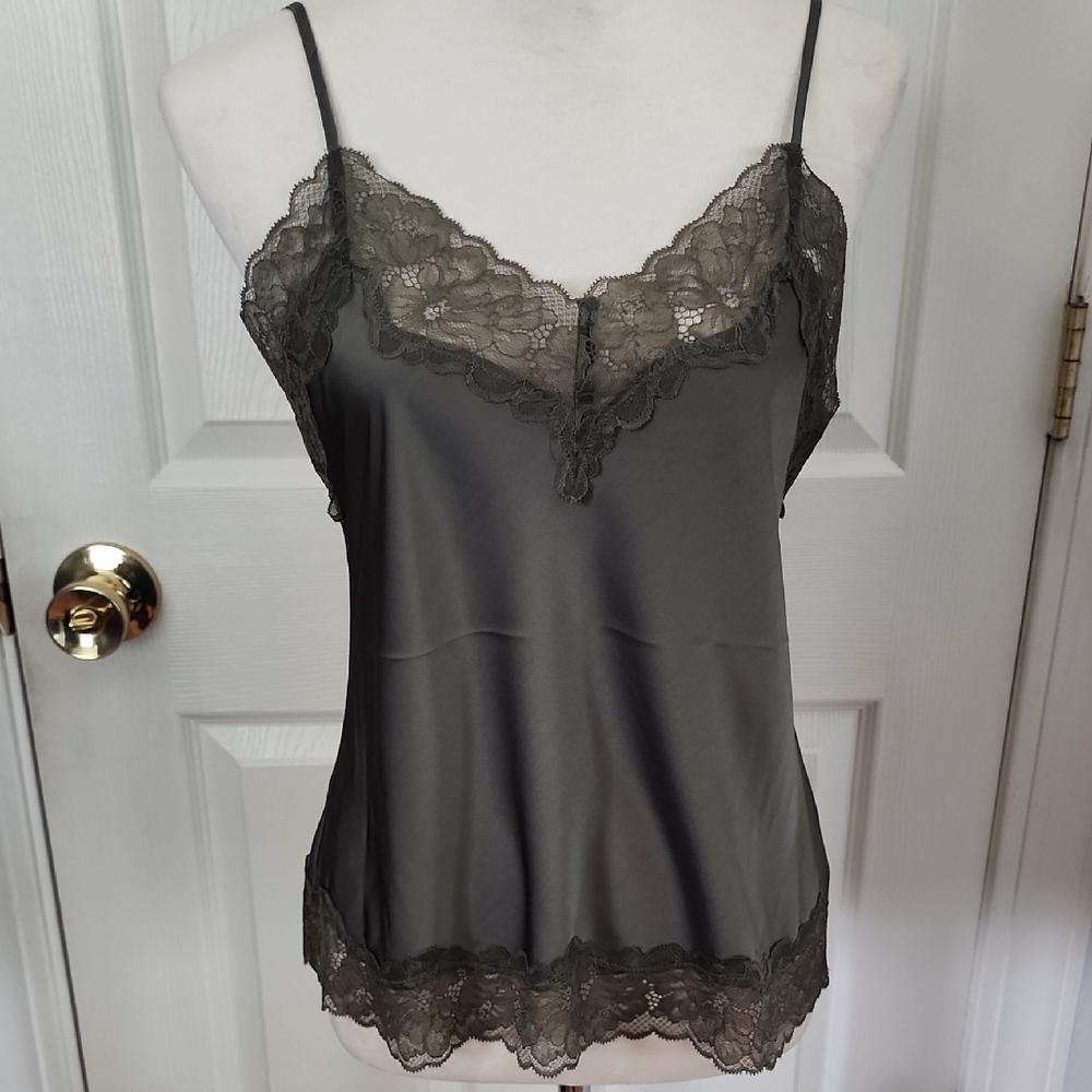 Express Lace Trim Satin Cami Tank - Army Green